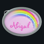 Name 7 letters rainbow pink oval belt buckle<br><div class="desc">Named rainbow belt buckle,  currently reads,  Abigail or personalise with the longer name of your choice (up to 7 letters only). Design inspired from the many beautiful rainbows here in Victoria,  Australia. Item designed exclusively by Sarah Trett.</div>