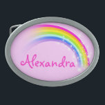 Name 9 letters rainbow pink oval belt buckle<br><div class="desc">Named rainbow belt buckle,  currently reads,  Alexandra or personalise with the longer name of your choice (up to 9 letters only). Design inspired from the many beautiful rainbows here in Victoria,  Australia. Item designed exclusively by Sarah Trett.</div>