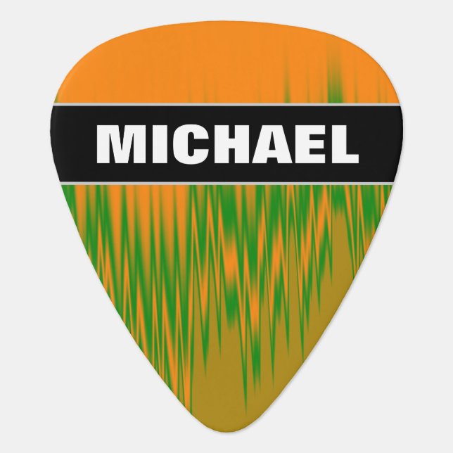 Name + Abstract Orange, Green, Brown Wave Pattern Guitar Pick (Front)