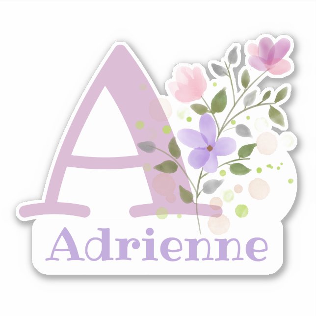 Name Adrienne and Initial with Floral Design Sticker (Front)
