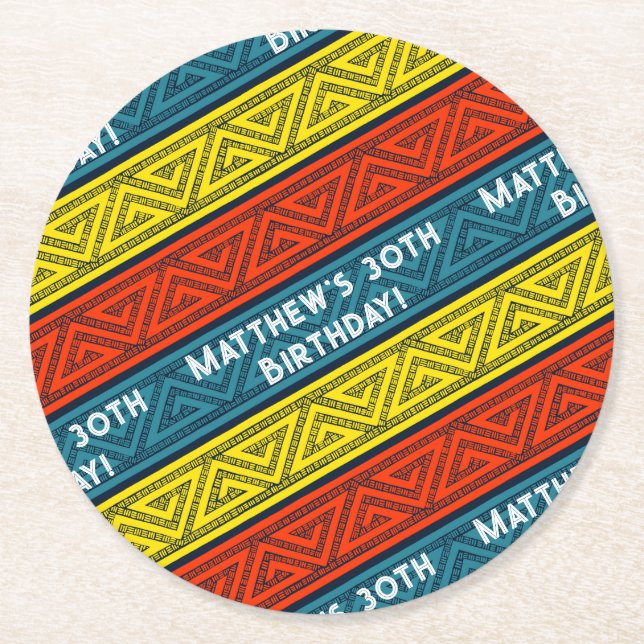 Name & Age Birthday Party Blue & Red Celtic Stripe Round Paper Coaster (Front)