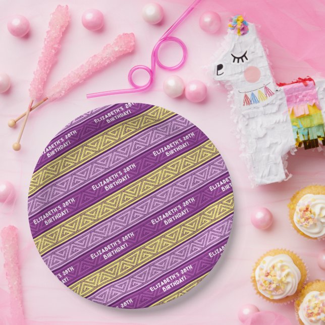 Name & Age Birthday Party Celtic Stripe Purple Paper Plates (Party)