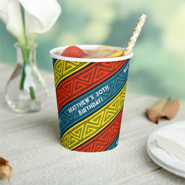 Name & Age Birthday Party Celtic Stripe Red Blue Paper Cups (Insitu)