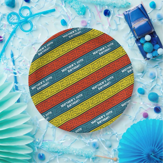 Name & Age Birthday Party Celtic Stripe Red Blue Paper Plates (Party)