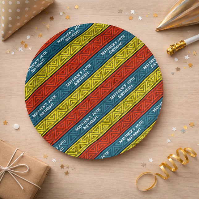 Name & Age Birthday Party Celtic Stripe Red Blue Paper Plates (Creator Uploaded)