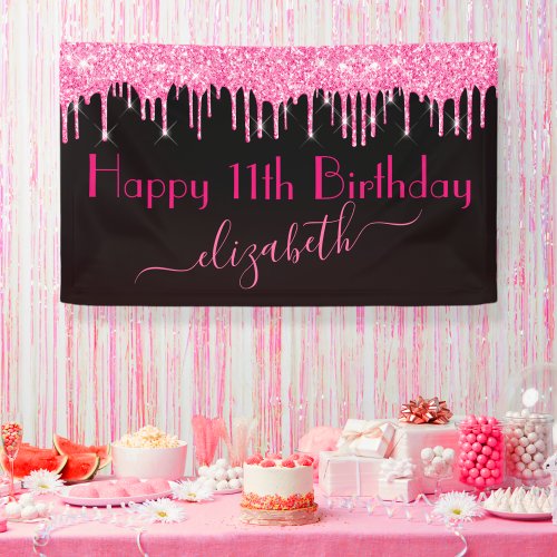 Name Age Hot Pink Dripping Glitter Black Birthday Banner