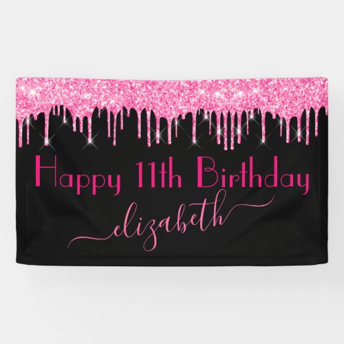 Name Age Hot Pink Dripping Glitter Black Birthday Banner