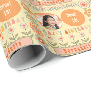 Name Age Photo Retro Vintage Daisy Flower Birthday Wrapping Paper