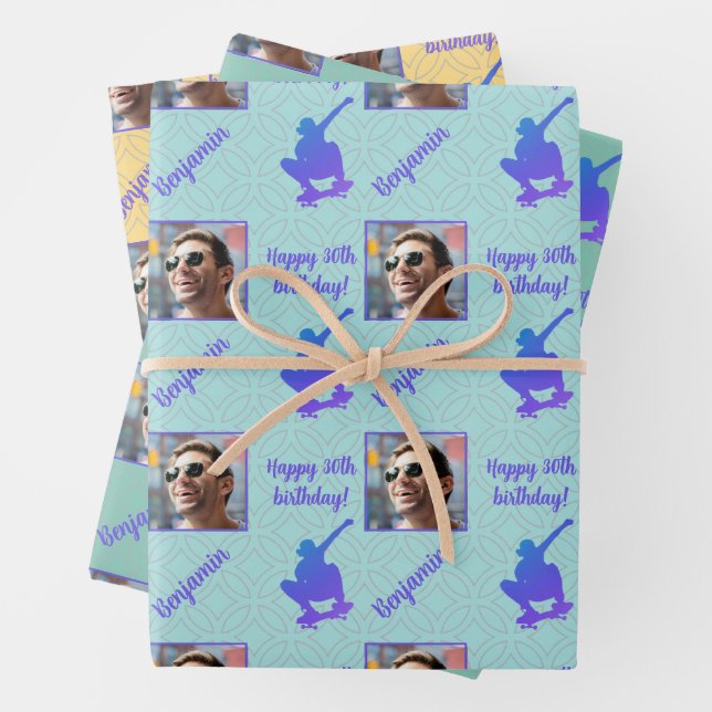 Name Age Photo Skateboarding Skateboarder Birthday Wrapping Paper Sheets (In situ)