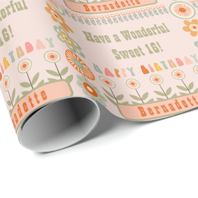 Name Age Text Retro Vintage Daisy Flower Birthday Wrapping Paper (Roll Corner)