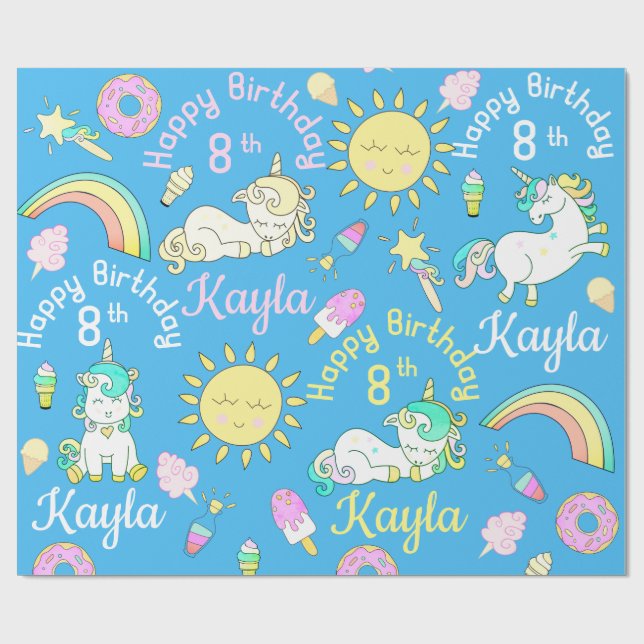 Name & Age Unicorns & Rainbows Party Pattern Wrapping Paper (Flat)