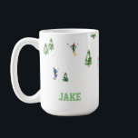 Name Alpine Skiers Skiing Illustration Skier   Coffee Mug<br><div class="desc">Cool winter themed skier pattern design with skiers skiing down alpine ski resort slopes among snow covered fir trees in alps. Freeride skiers are wearing colorful vintage retro ski suits, skiing downhill with skis on a white snowy mountain landscape background. Wonderful winter sport fun gift for a skier in your...</div>