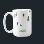 Name Alpine Skiers Skiing Illustration Skier   Coffee Mug<br><div class="desc">Cool winter themed skier pattern design with skiers skiing down alpine ski resort slopes among snow covered fir trees in alps. Freeride skiers are wearing colorful vintage retro ski suits, skiing downhill with skis on a white snowy mountain landscape background. Wonderful winter sport fun gift for a skier in your...</div>