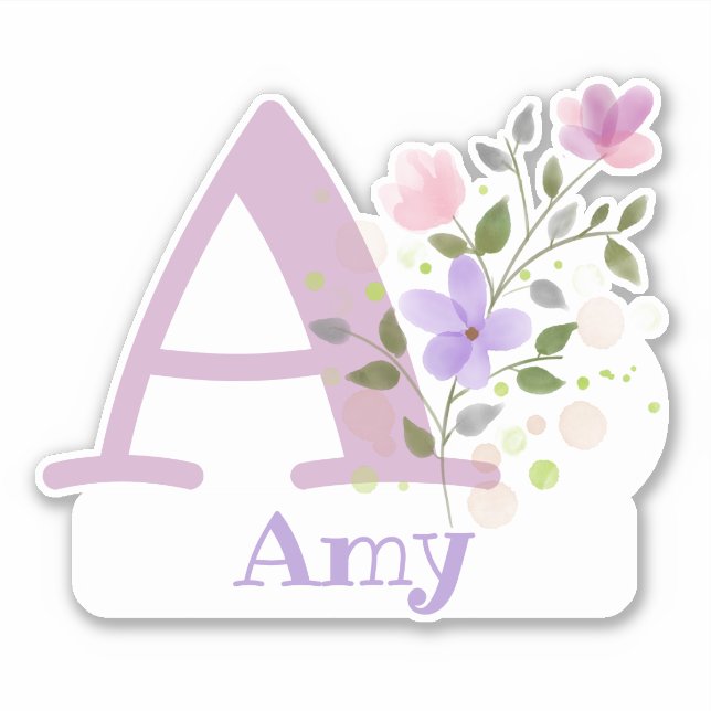 Name Amy and Initial with Floral Design Sticker (Front)