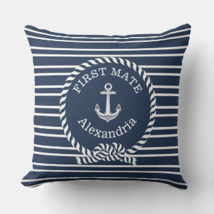  Name Anchor Rope Navy Blue First Mate Outdoor Pillow