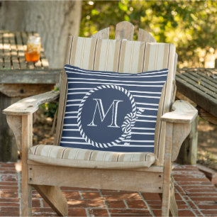 Name Anchor Rope Navy Blue Monogram initial Outdoor Pillow