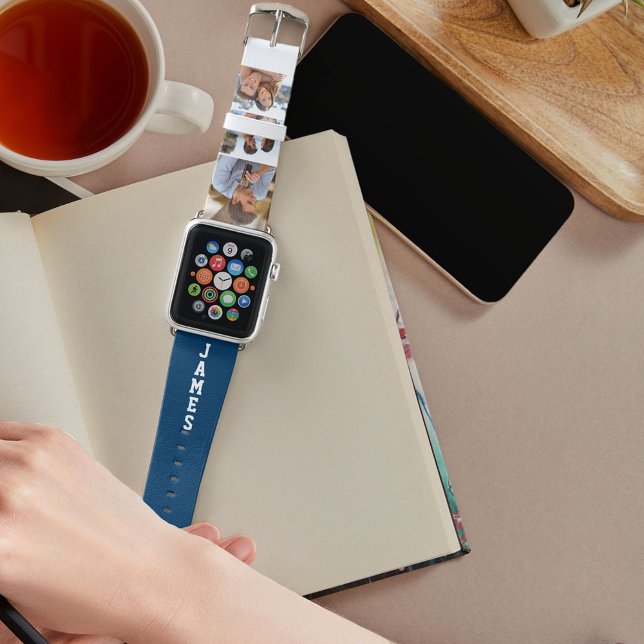 Name and 3 Photo Strip Collage Blue Apple Watch Band (Creator Uploaded)