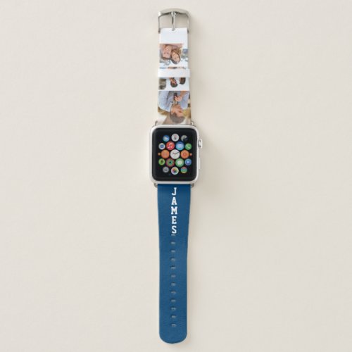 Name and 3 Photo Strip Collage Blue Apple Watch Band