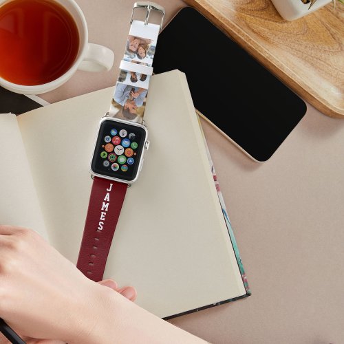 Name and 3 Photo Strip Collage Maroon Red Apple Watch Band