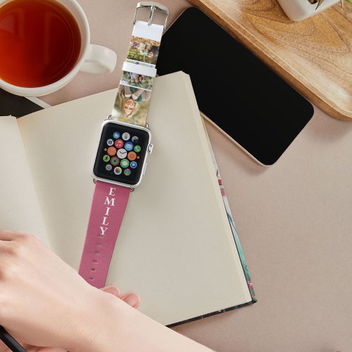 Name and 3 Photo Strip Collage Pink Apple Watch Band
