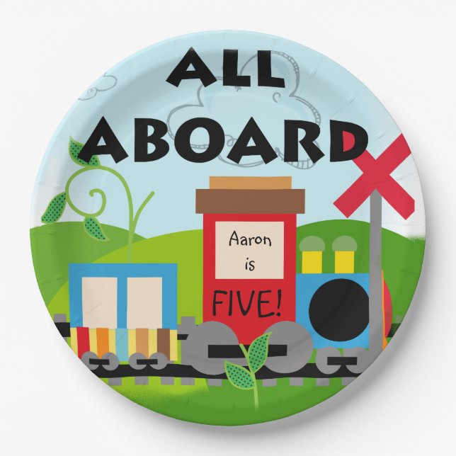 Name and Age All Aboard Train Happy Birthday Paper Plates (Front)