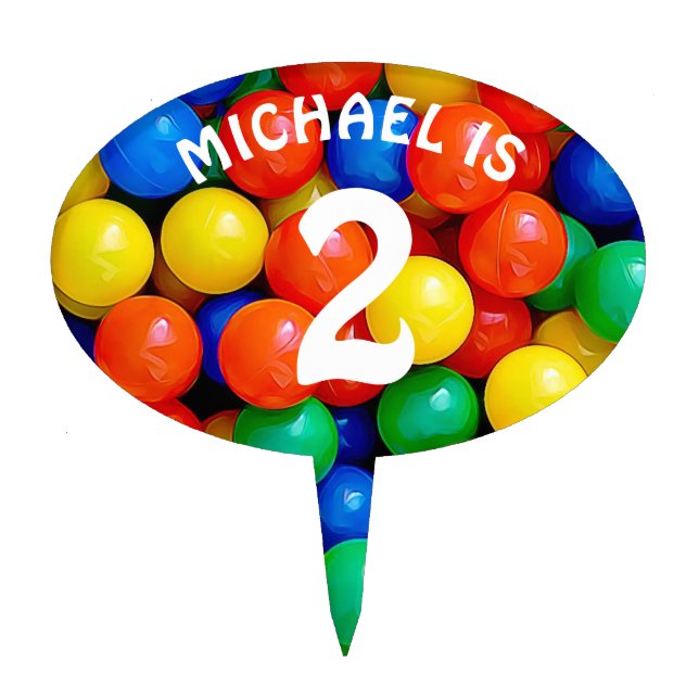 Name and Age Personalized Ball Pit Themed Birthday Cake Topper (Front)