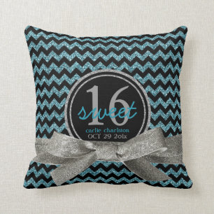 Name and Birthday Aqua Black Chevron Sweet 16 Throw Pillow