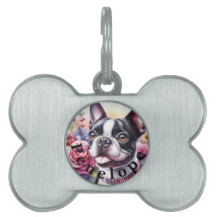 Name and Cute and funny dog flowers watercolor Pet ID Tag