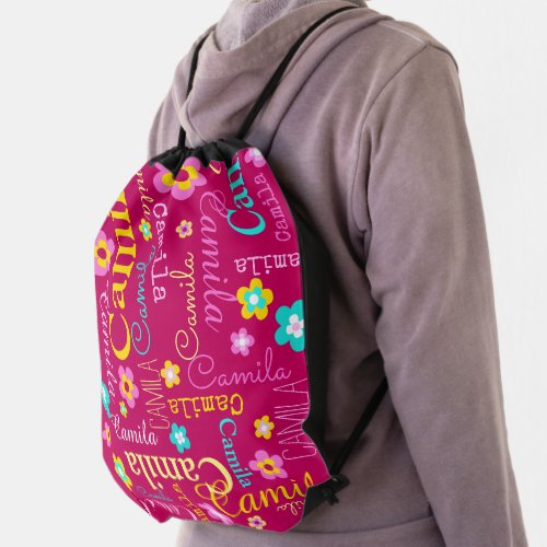 Name and flower pattern pink yellow aqua drawstring bag