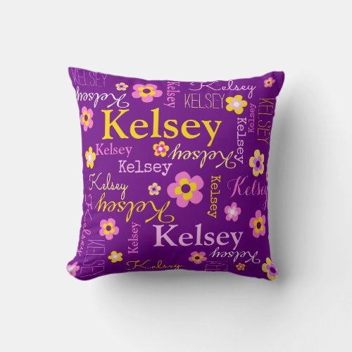 Name and flowers text purple pink yellow pillow