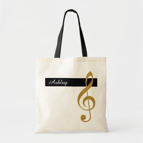 name and golden treble clef music tote bag