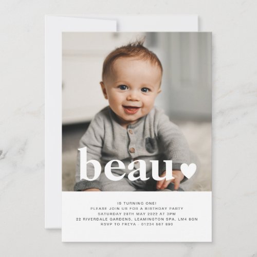 Name and Heart Photo First Birthday Invitation 