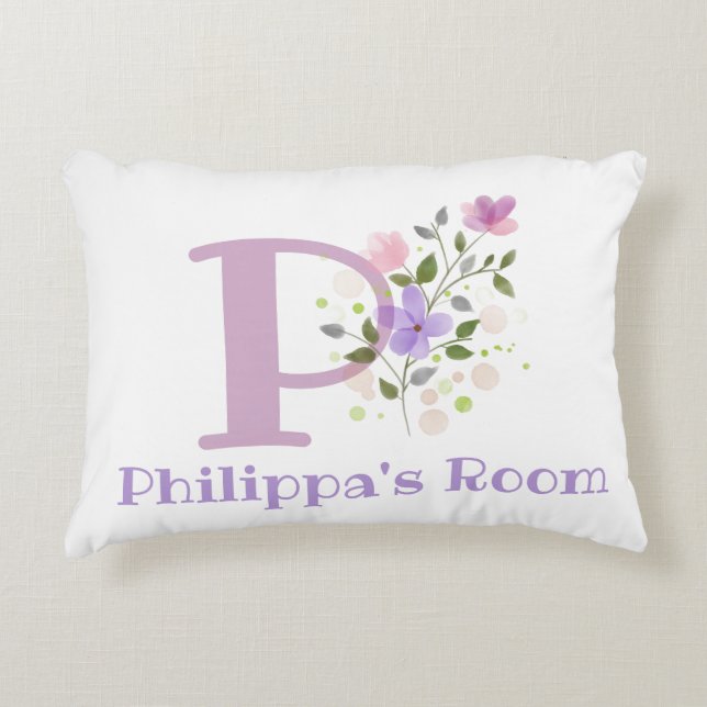 Name and Initial on a Floral Design. Pretty Accent Pillow (Front)