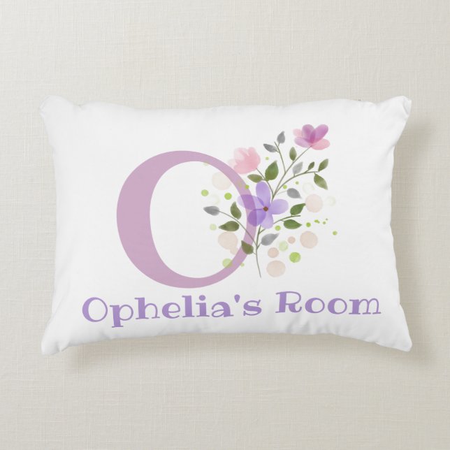 Name and Initial on a Floral Design. Pretty Accent Pillow (Front)