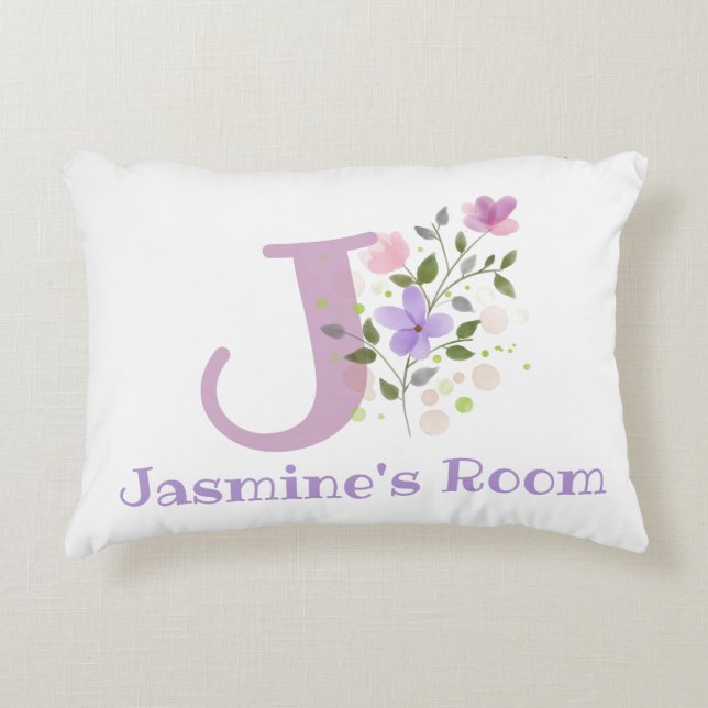 Name and Initial on a Floral Design. Pretty Accent Pillow (Front)