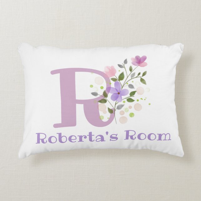 Name and Initial on a Floral Design. Pretty Accent Pillow (Front)