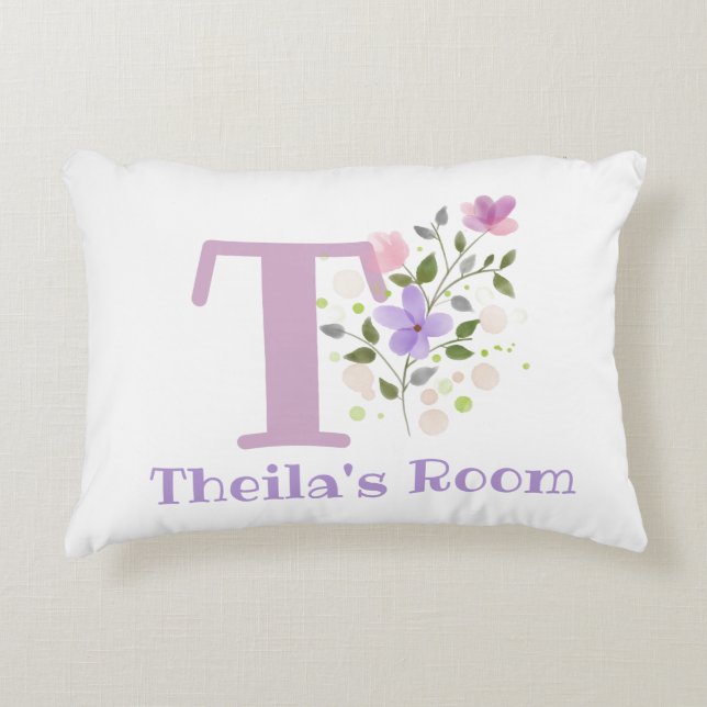Name and Initial on a Floral Design. Pretty Accent Pillow (Front)