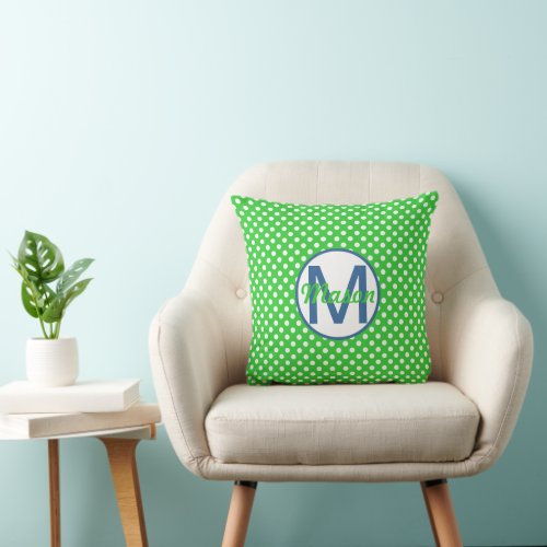 Name and Initial Polka Dots with Blue and Green Throw Pillow