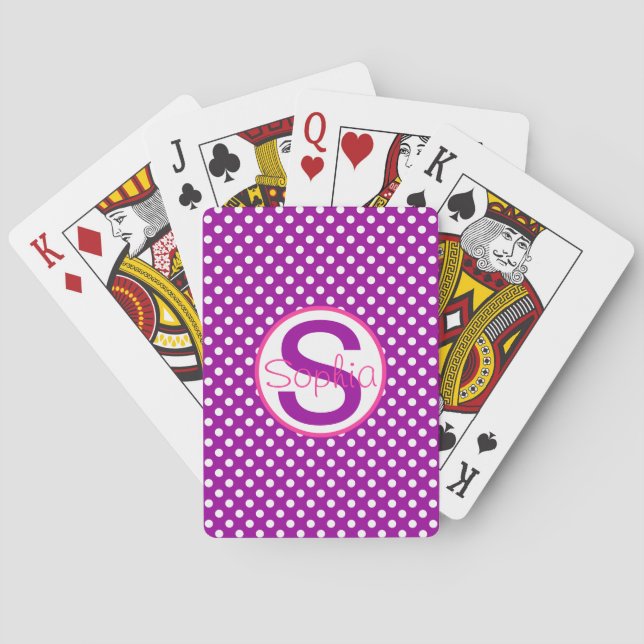 Name and Initial, Polka Dots with Pink and Purple Poker Cards (Back)