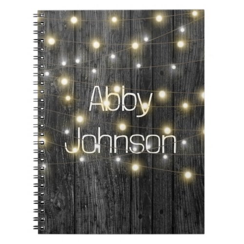 Name and Light String on Black Wood Notebook