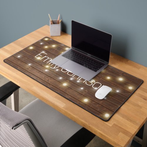 Name and Light String on Oak Desk Mat