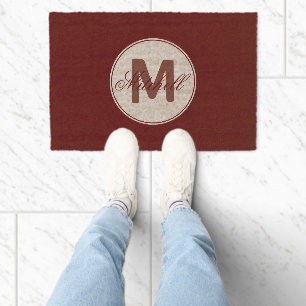 Name and Monogram Autumn Burgundy Black Fiber Doormat