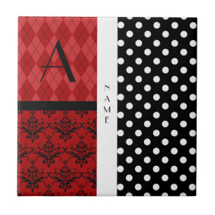 Name and monogram black and white polka dots ceramic tile