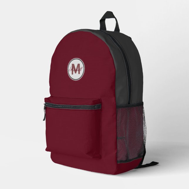 Name and Monogram on Autumn Burgundy with Gray Printed Backpack (Back Corner Right)