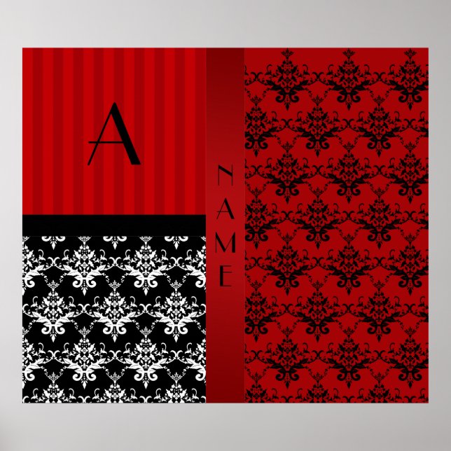 Name and monogram red damask stripes poster (Front)