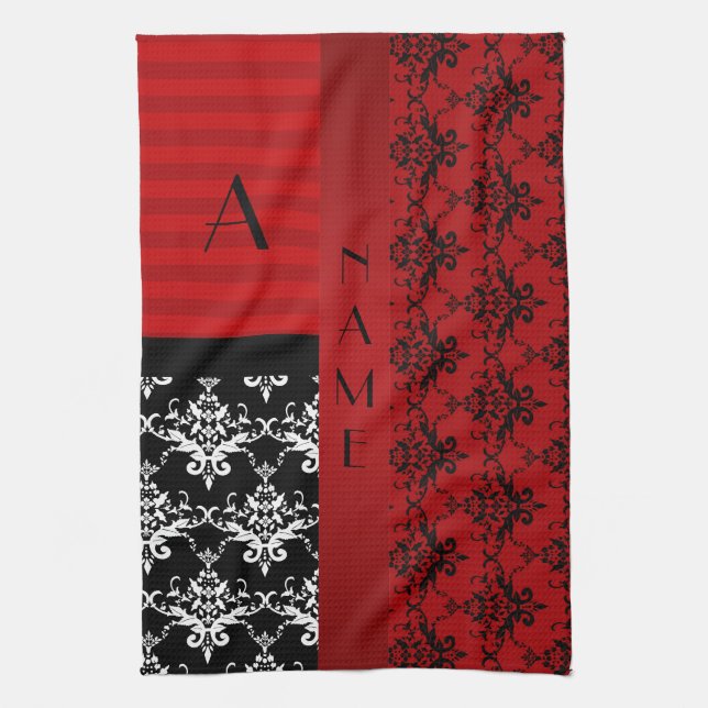 Name and monogram red damask stripes towel (Vertical)