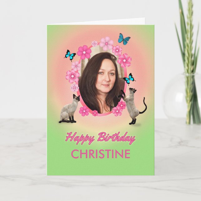 Name and photo card with cats and butterflies, (Front)