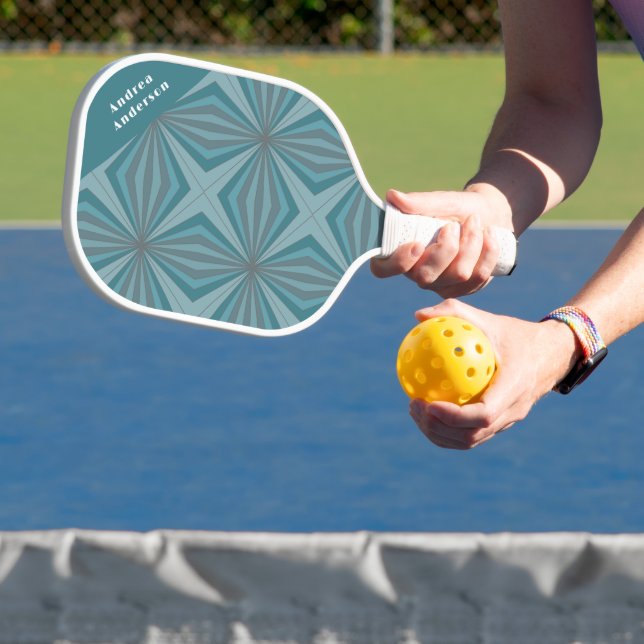 Name and Retro pattern in muted teal and grey  Pic Pickleball Paddle (Insitu)