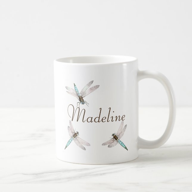 Name and Teal Blue Dragonflies Coffee Mug (Right)