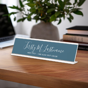 Name and Title Calligraphy - CAN EDIT blue COLOR Desk Name Plate